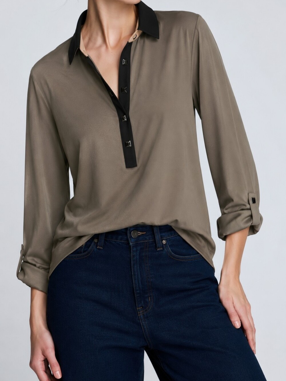 Kenneth Cole Reaction Army Green Black Trim Blouse L